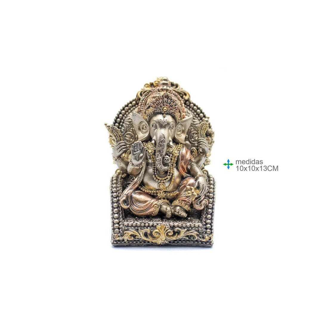 Estátua de Ganesh dourado em resina sentado em uma cadeira medindo 13 centímetros de altura.