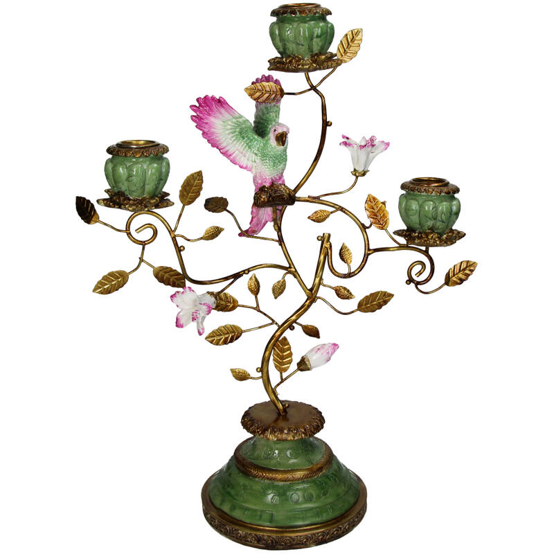 Castiçal Árvore com Pássaro Multicolor 37 cm – Porta-Velas Decorativo em Poliresina