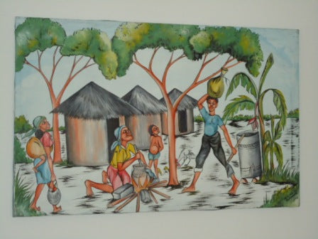 Tela decorativa horizontal com pintura de estilo étnico representando o quotidiano de uma família africana numa aldeia tradicional.