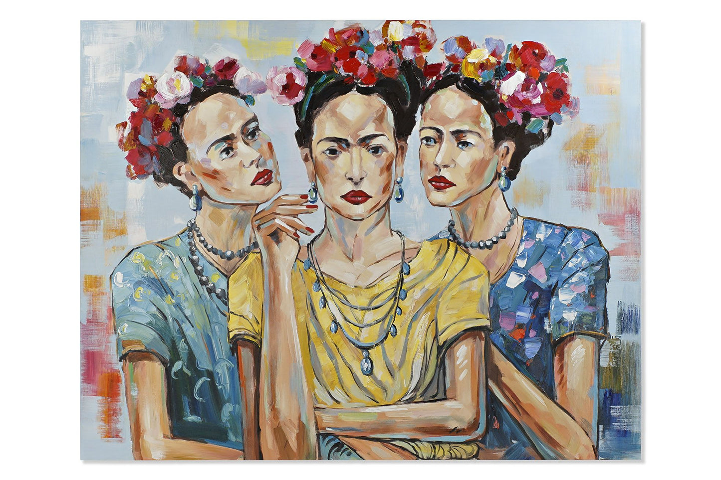 Tela decorativa de grande formato horizontal XL mostrando uma composição artística com 3 figuras alinhadas da pintora Frida Kahlo.