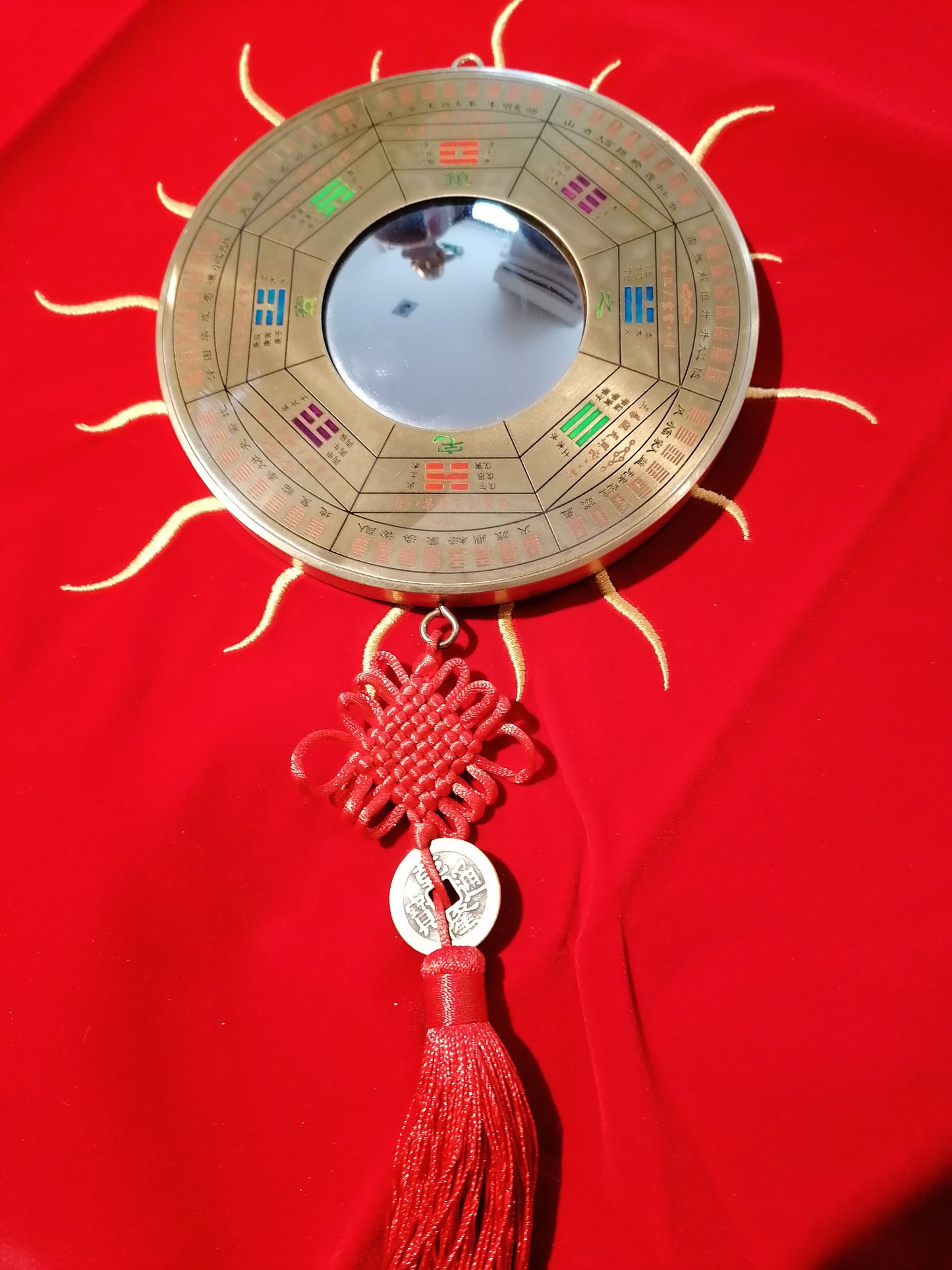 Bagua Feng Shui Dourado com Espelho, I Ching e Moeda Chinesa