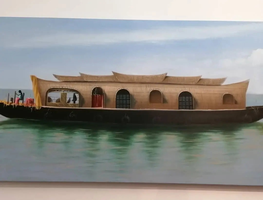 Quadro de um barco casa tradicional chinês em tons castanhos com duas figuras humanas, cabine com 4 janelas e telhado com 6 módulos em forma de canoa.