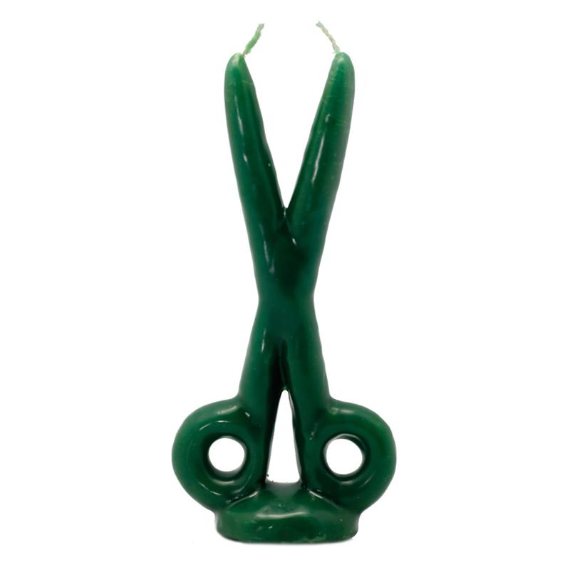 Vela figura tesoura verde para corte de energias negativas e limpeza espiritual