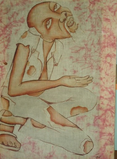 Tela artística em tons rosa e branco retratando um pedinte ajoelhado com a mão estendida, com foco na expressão de resiliência.