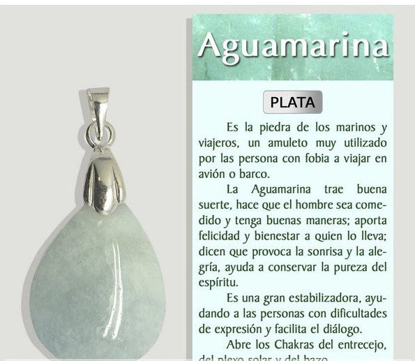 Pendente de pedra natural agua-marinha em formato de lagrima com presilha de prata 925 sobre fundo branco.