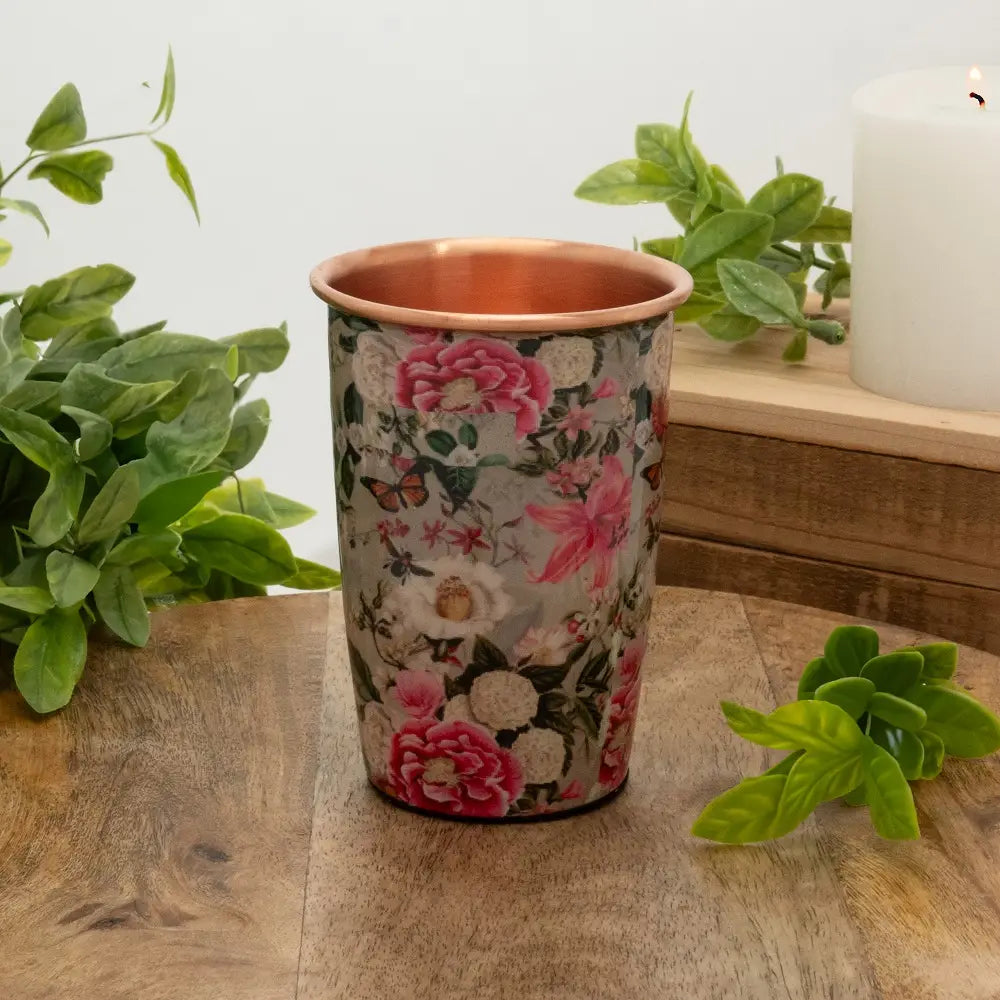 Conjunto de Cobre Puro com Garrafa e 2 Copos Estampado Flores