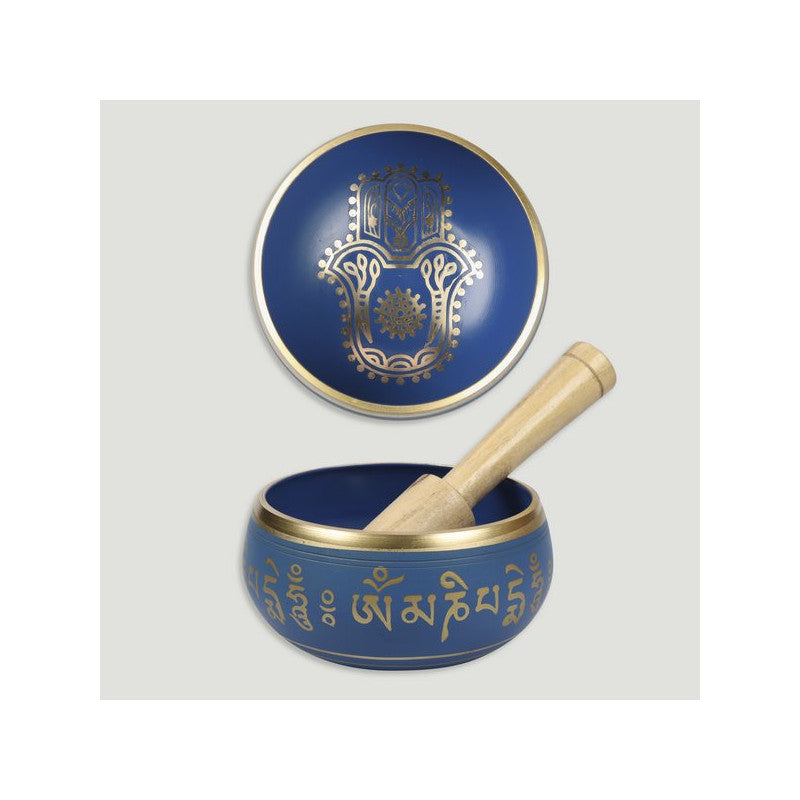 Taça Tibetana de Latão 11 cm - Azul com Mão de Fátima | Taça de Meditação e Relaxamento Sonoro
