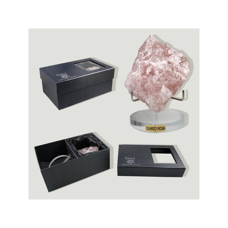 Quartzo Rosa bruto em suporte metálico com caixa de oferta personalizada – Peça de decoração com cristal natural.