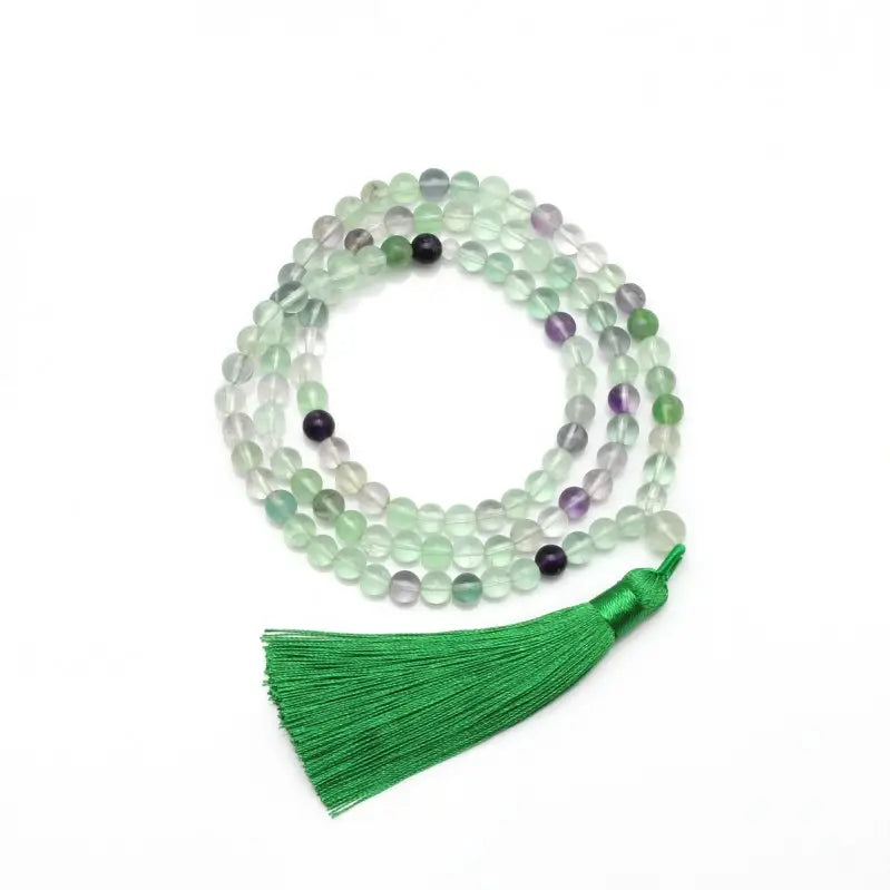 Japamala de Fluorite Verde Natural 108 Contas com Quartzo Cristal – Meditação e Equilíbrio Energético
