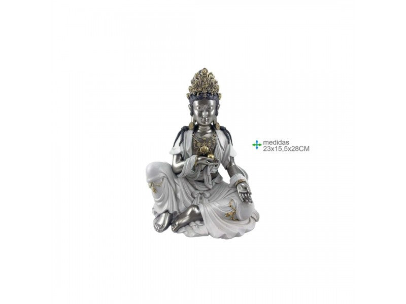 Estátua prateada da Deusa da Misericórdia Kuan Yin sentada em posição de meditação sobre flor de lótus para decoração zen e altar