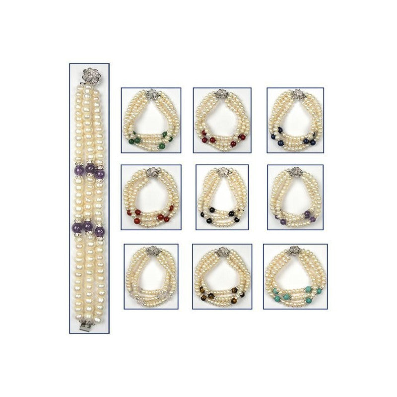 Pulseira feminina de pérolas legítimas de 3 voltas com detalhes de pedras ónix e zircónias brilhantes