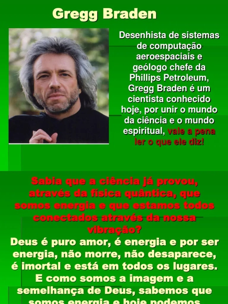 Retrato do autor Gregg Braden na contracapa de um livro sobre vibração e física quântica.
