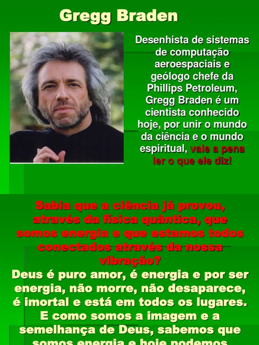 Retrato do autor Gregg Braden na contracapa de um livro sobre vibração e física quântica.