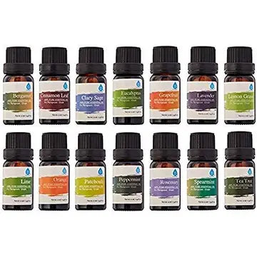 Duas fileiras organizadas com catorze frascos de óleos essenciais para aromaterapia.