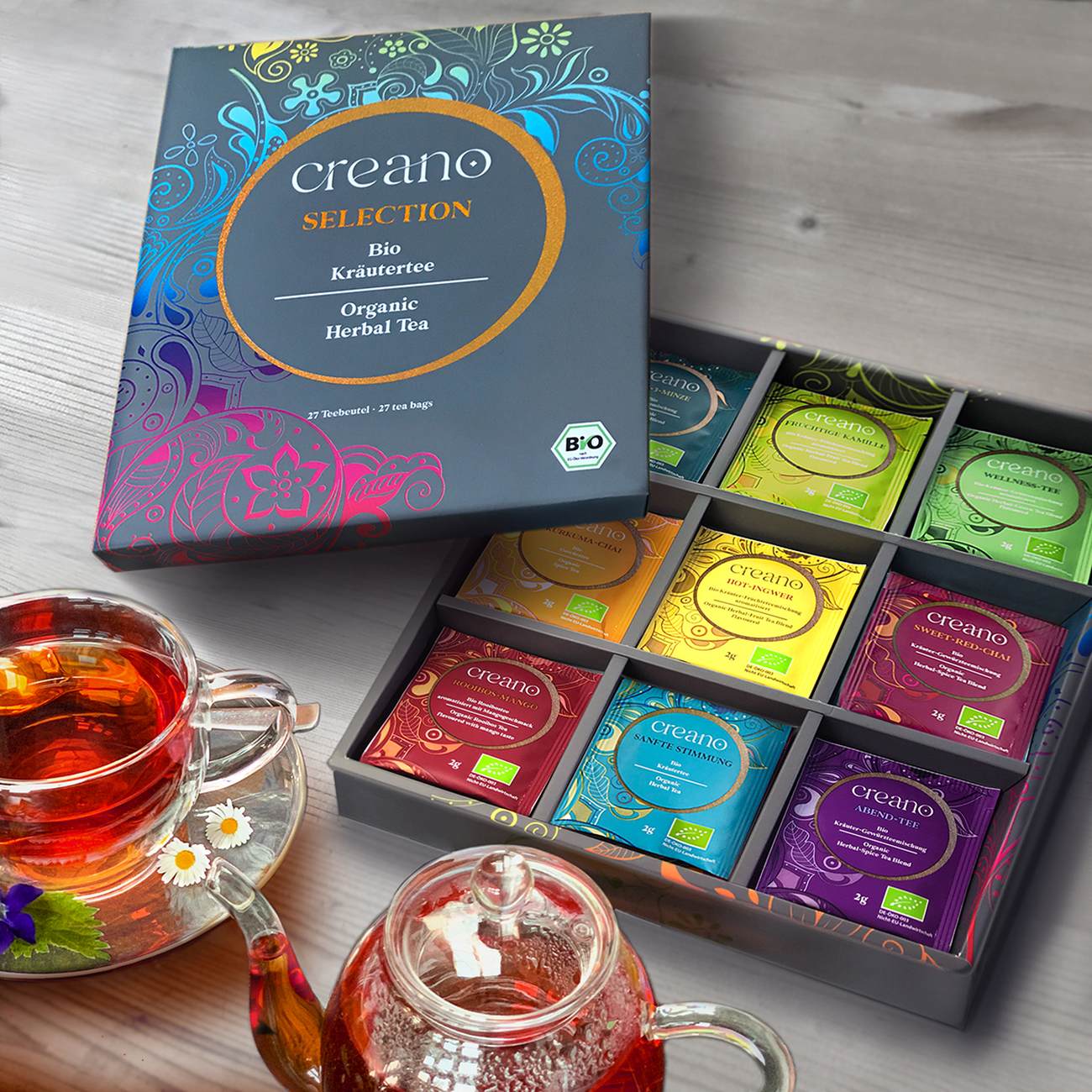 Chavena de cha herbal bio quente com saqueta premium da Creano