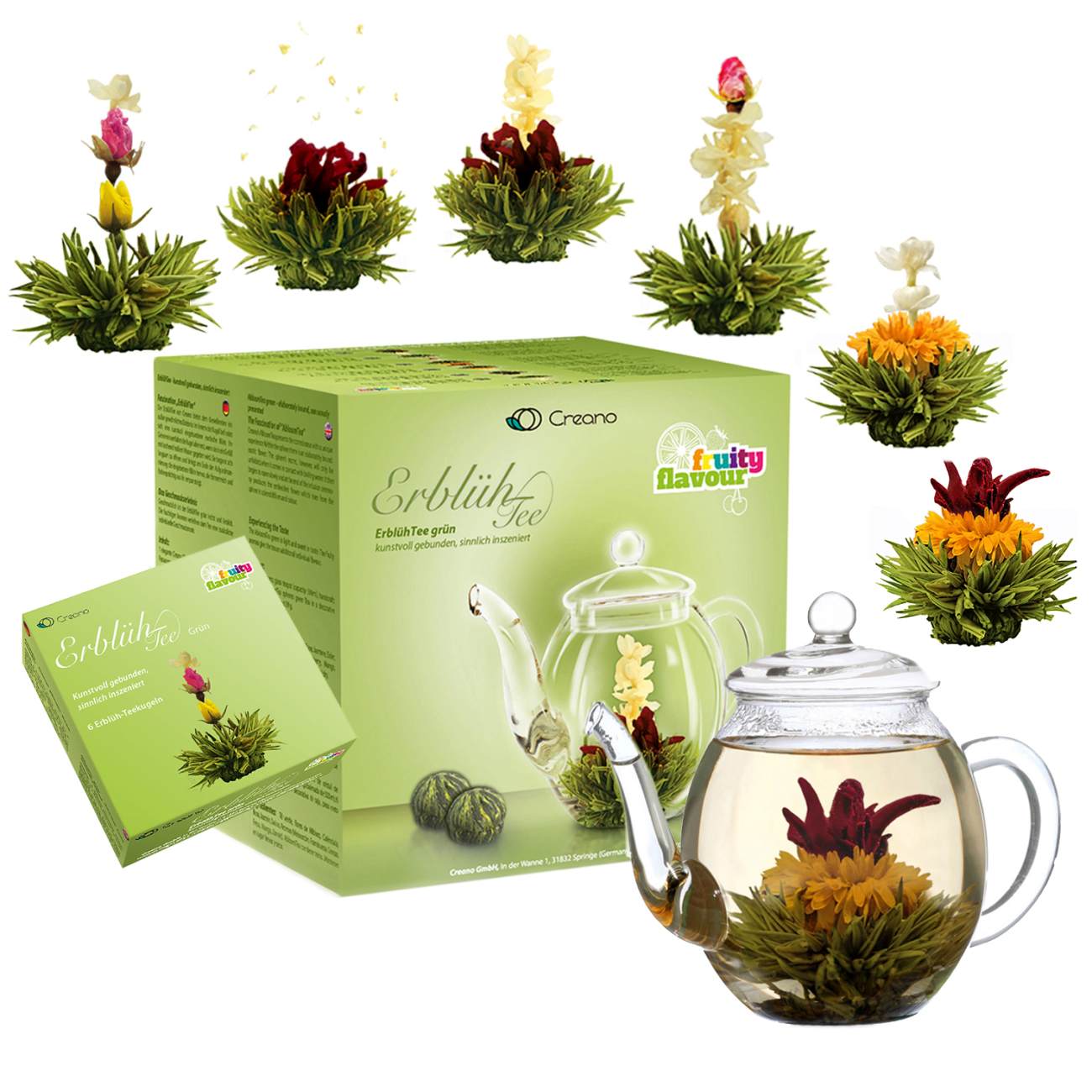 Conjunto de presente Creano com bule de vidro e 6 flores de cha verde frutado