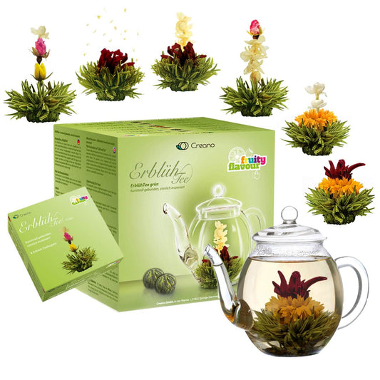 Conjunto de presente Creano com bule de vidro e 6 flores de cha verde frutado
