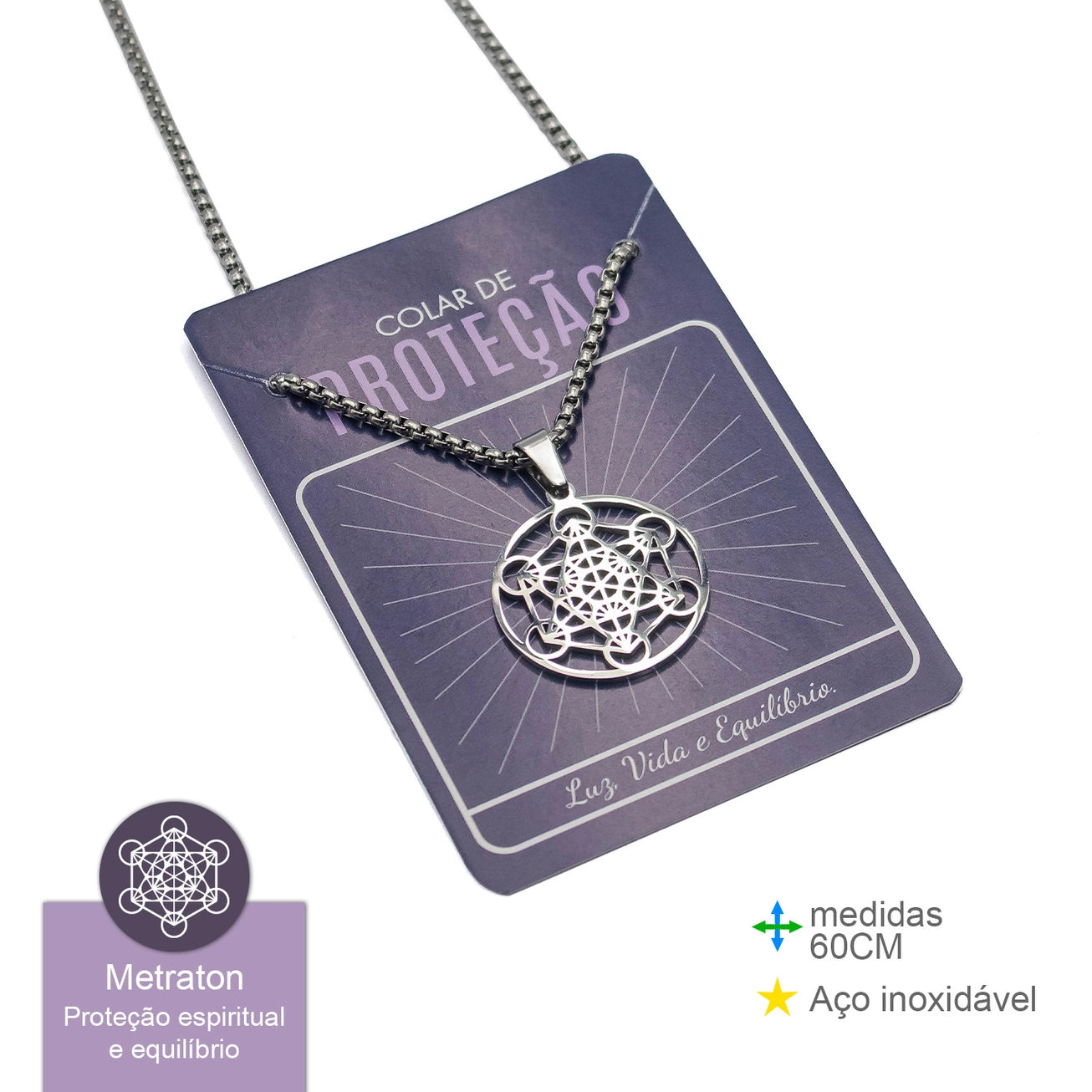 Colar amuleto cubo de metatron em aco inox para protecao energetica geometria sagrada