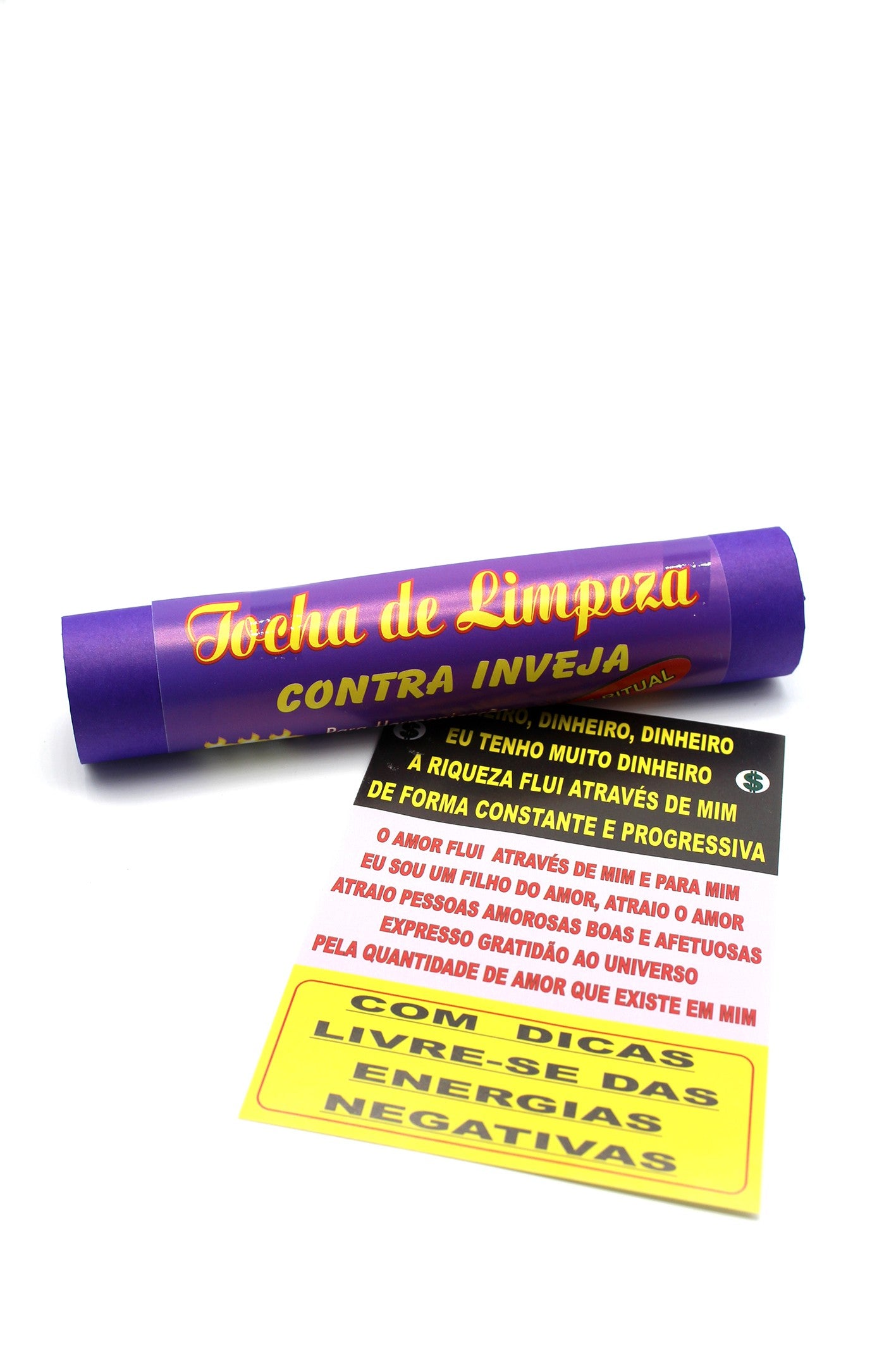 Tocha de limpeza astral e proteção em papel lilás para ritual contra inveja e harmonização de ambientes.