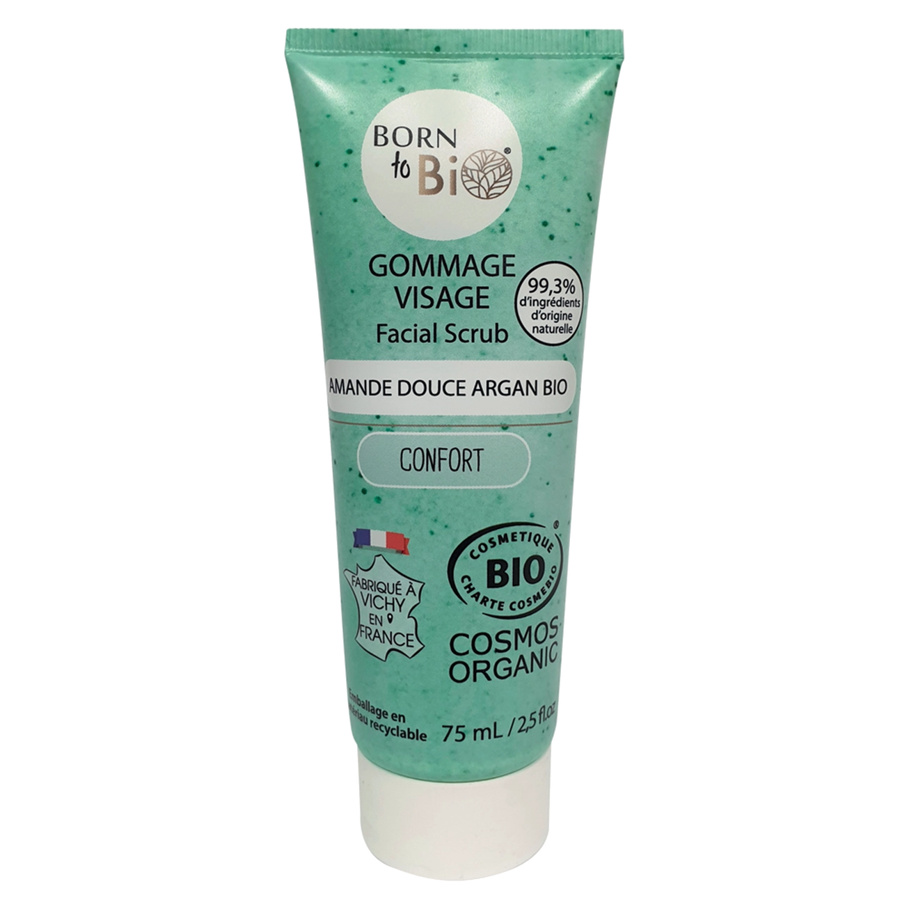 Tubo de esfoliante facial de amendoa doce e argao certificado cosmos organic Born to Bio