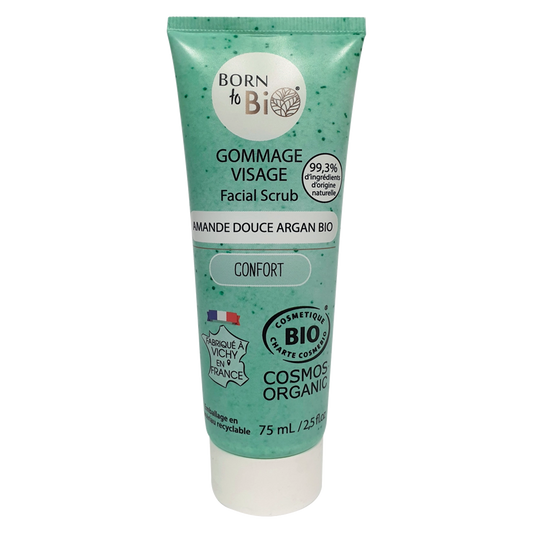 Tubo de esfoliante facial de amendoa doce e argao certificado cosmos organic Born to Bio
