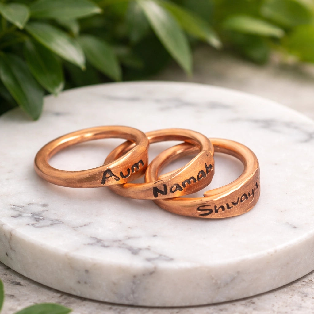 Conjunto de 3 Anéis em Cobre Puro Aum Namah Shivaya Ajustáveis | Anéis Espirituais Mantra