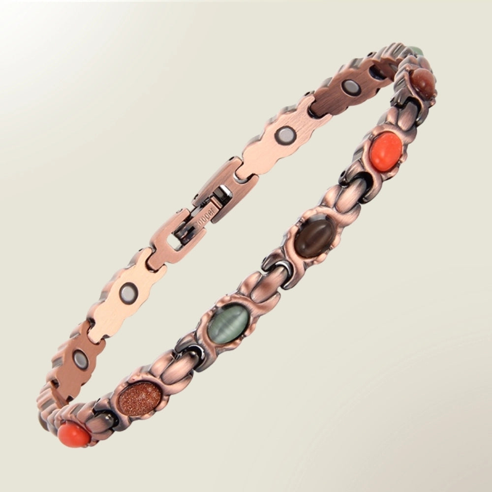 Pulseira de saúde de luxo em cobre com 10 ímanes de neodímio e pedras naturais encastradas. Bracelete magnética terapêutica de design sofisticado para equilíbrio energético e estilo elegante