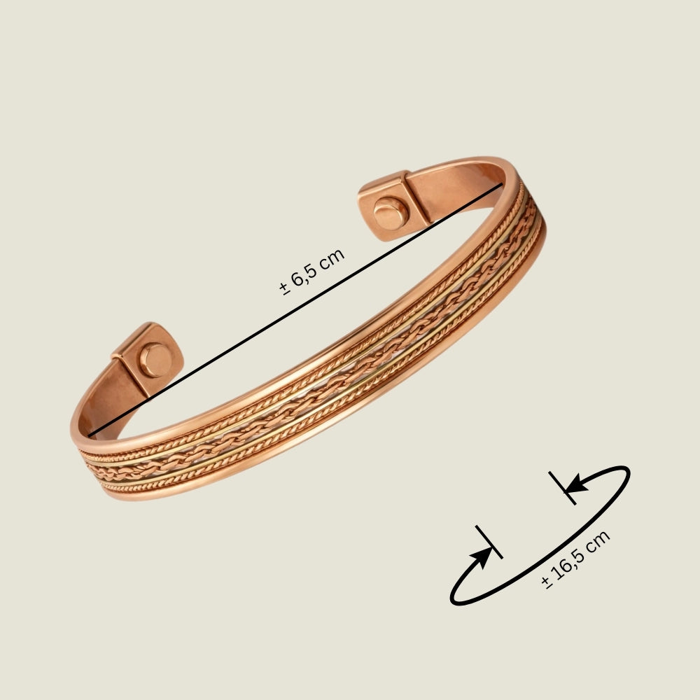 Pulseira de Cobre com Linhas de Latão e 2 Ímanes | Bracelete Magnética Ajustável