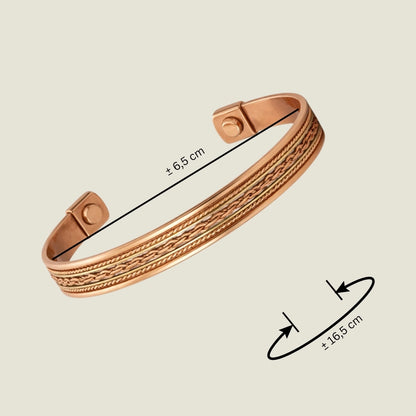 Pulseira de Cobre com Linhas de Latão e 2 Ímanes | Bracelete Magnética Ajustável