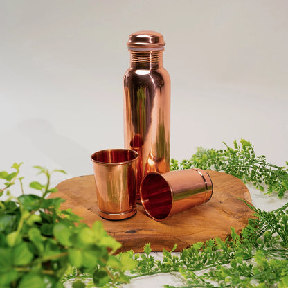 Conjunto Garrafa de Cobre Puro com 2 Copos 950ml – Kit Ayurvédico em Caixa Aveludada