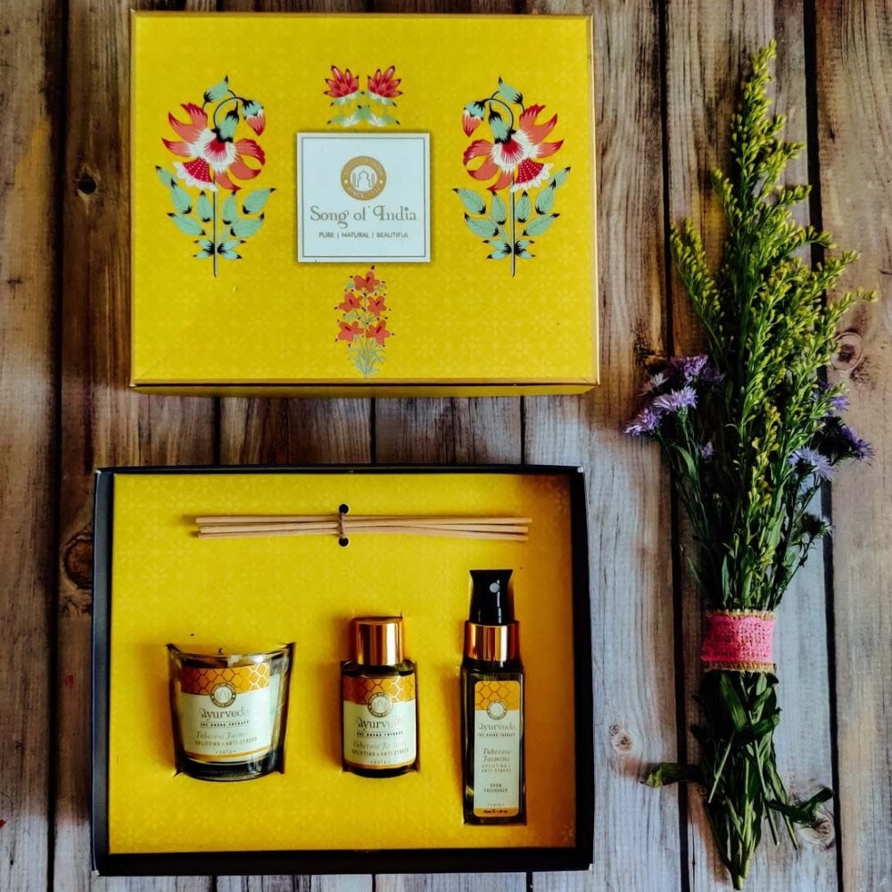 Conjunto Presente Aromático Tuberosa & Jasmim – Vela, Difusor e Spray de Ambiente