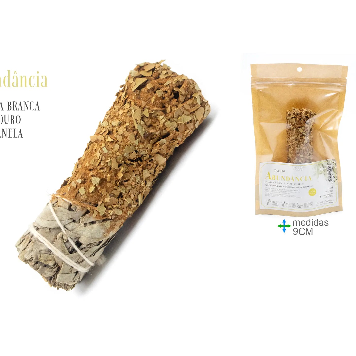 Tocha de ervas secas com folhas de louro e paus de canela para rituais de prosperidade e abundância
