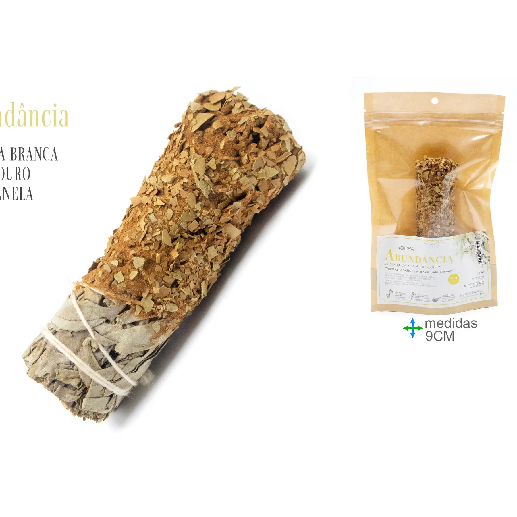 Tocha de ervas secas com folhas de louro e paus de canela para rituais de prosperidade e abundância