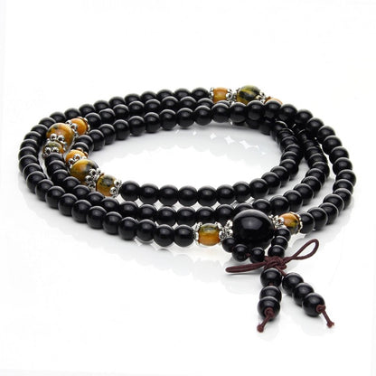 Japa Mala estilo tibetano de 108 contas com obsidiana negra sintética, olho de tigre e borla preta