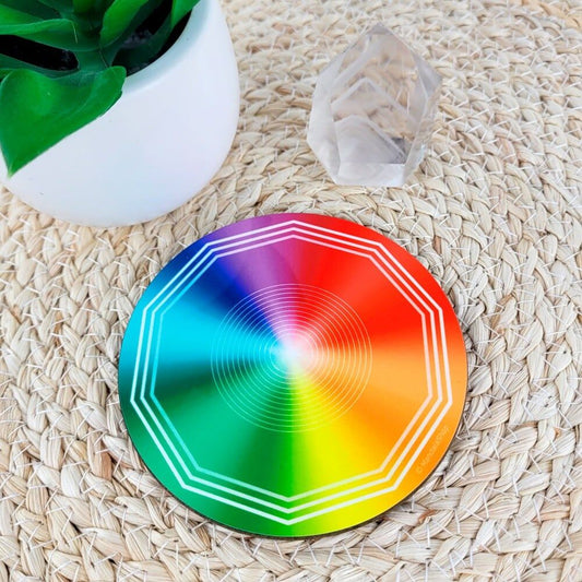 Disco harmonizador triplo decágono em madeira para radiónica e geometria sagrada.