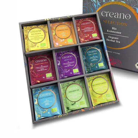 Caixa de presente elegante com 27 saches de cha herbal organico Creano