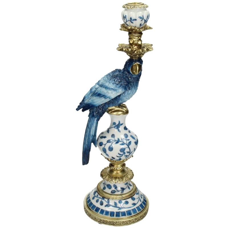 Castiçal decorativo com papagaio azul holandês em polystone de 40 cm pintado à mão
