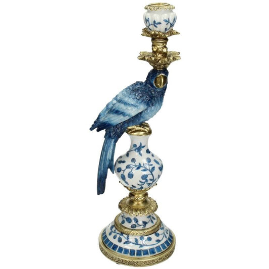 Castiçal decorativo com papagaio azul holandês em polystone de 40 cm pintado à mão