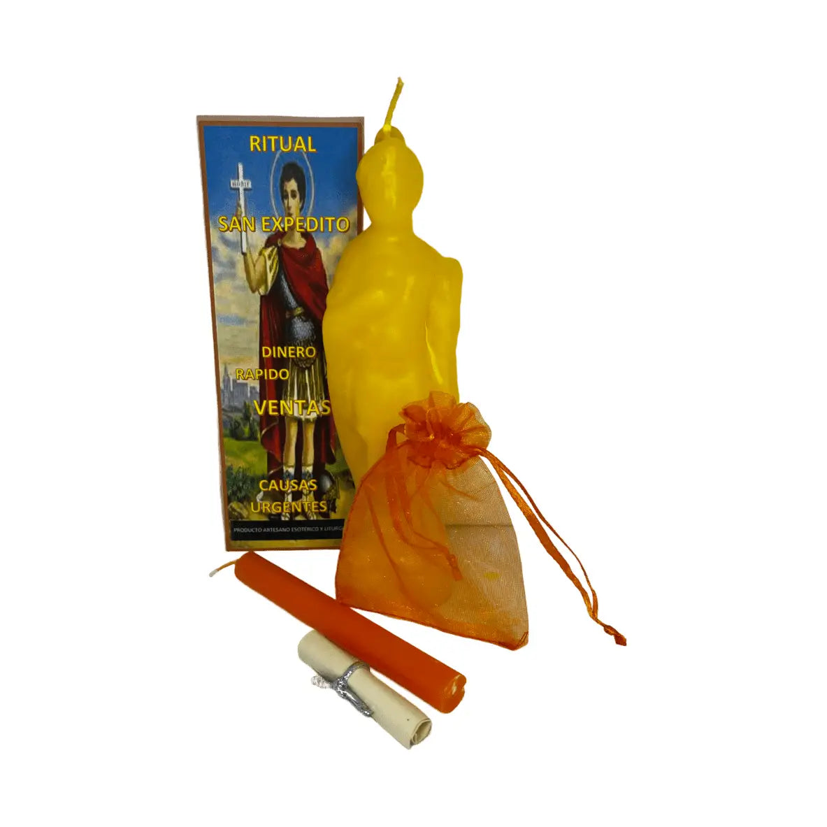  Kit do Velão Santo Expedito para causas urgentes com vela laranja, pergaminho de pedidos e bolsa laranja 
