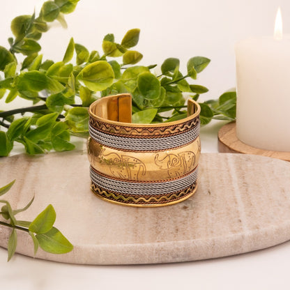 Pulseira de Braço Elefantes em Latão e Cobre – Peça Artesanal Premium