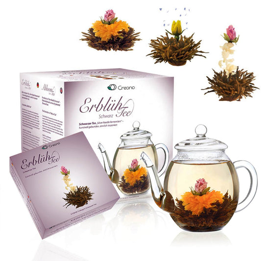 Conjunto de presente Creano ErbluehTee com bule de vidro e 6 flores de cha preto