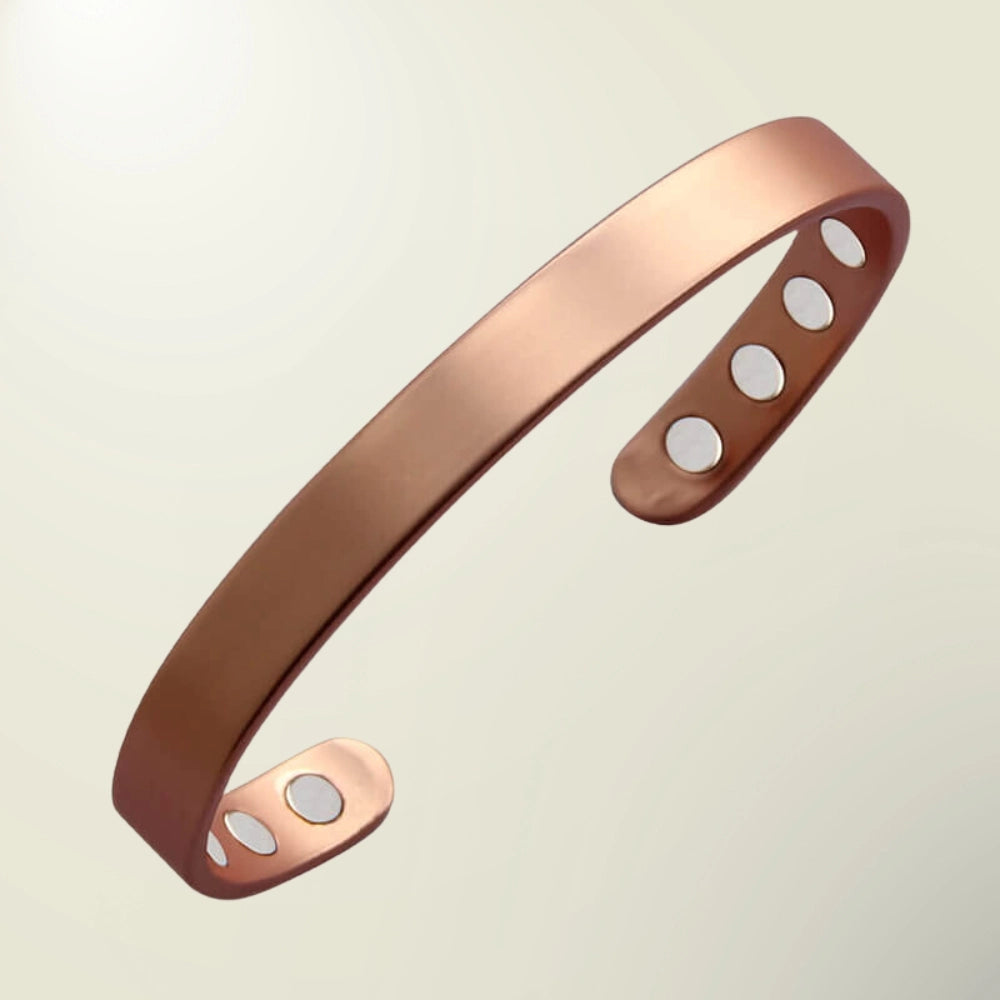 "Pulseira de cobre puro ajustável com 8 ímanes de neodímio de alta potência, design premium para elegância e bem-estar."