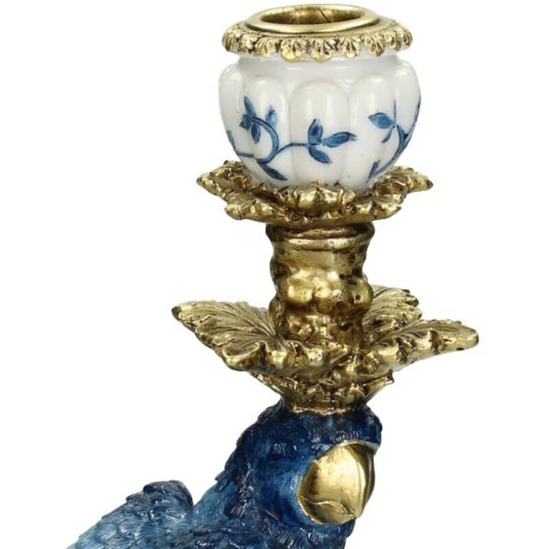 Castiçal Papagaio Azul Holandês em Polystone – 40 cm | Decoração Tropical Elegante