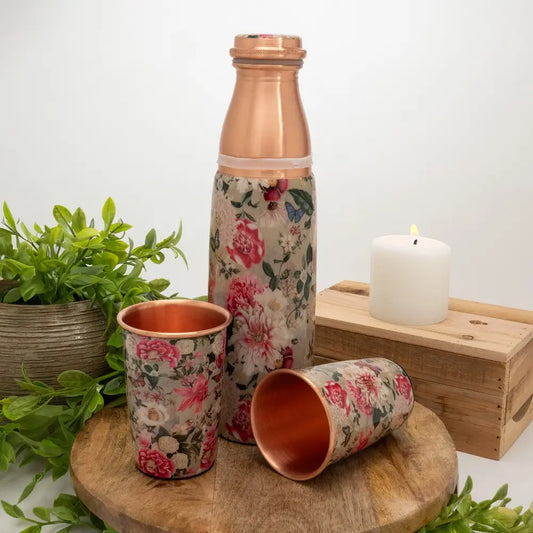 Conjunto de Cobre Puro com Garrafa e 2 Copos Estampado Flores