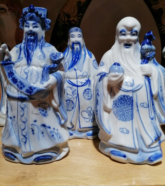 Fuk, Luk, Sau  - Três Deuses da Prosperidade, Riqueza e Longevidade em Porcelana Chinesa