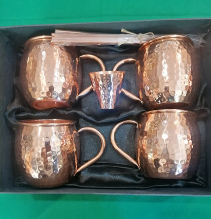 Conjunto Moscow Mule de Cobre Puro Martelado 9 Peças – Canecas Artesanais e Copo Shot