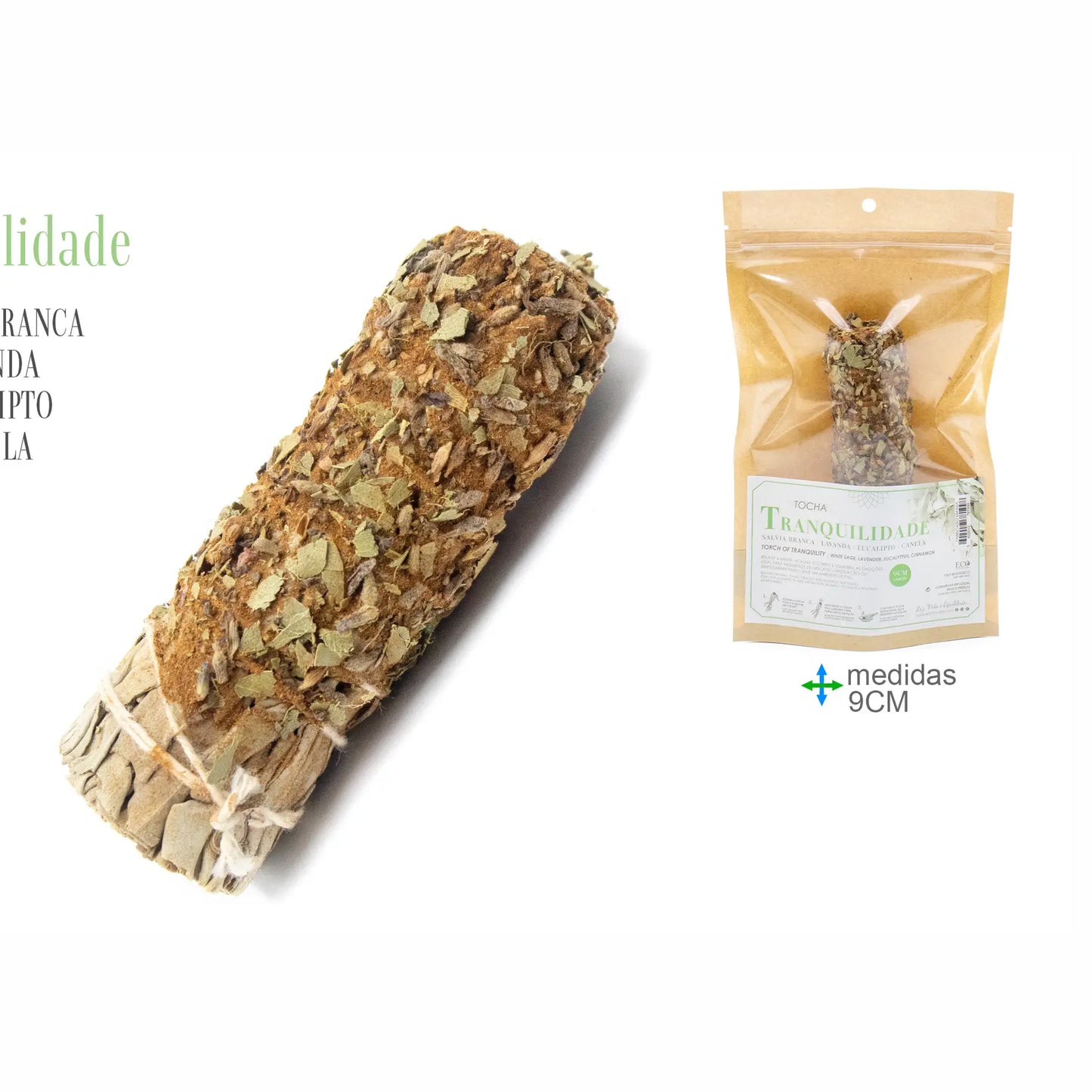 Tocha de ervas artesanal com flores de lavanda e folhas de eucalipto para relaxamento