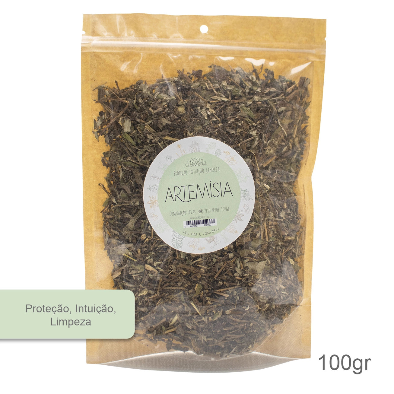 Saco de artemísia seca natural  100g para rituais esotéricos de defumação e sonhos lúcidos sobre fundo místico.