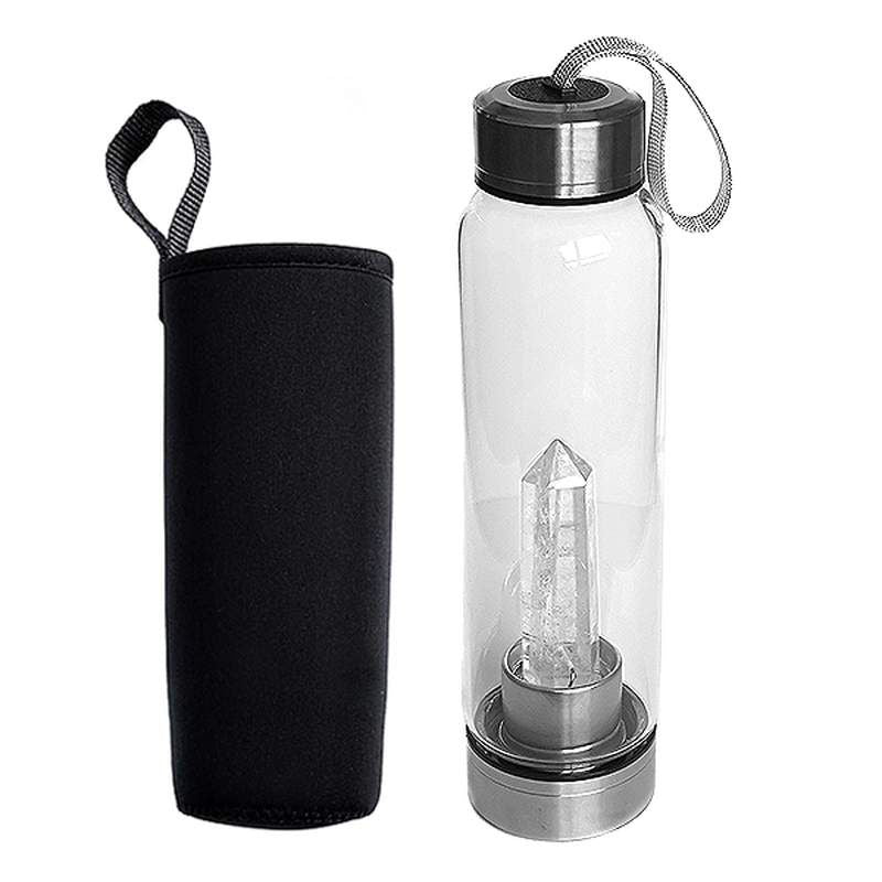 Garrafa de água em vidro com ponta de cristal Quartzo Rosa natural para energizar a água