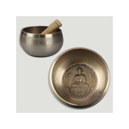 Tigela tibetana de latão dourado com gravação interna de Buda de 11 a 13 centímetros 
